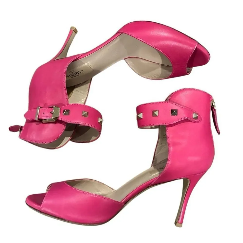 Valentino Garavani Leather Rockstud Ankle Strap Heels EU 38.5 US 8.5 Pink Pumps